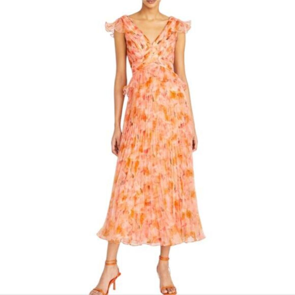 THEIA Holly Pleated Tea Length Gown Fluttering Petals Party Formal Size‎ 0 New